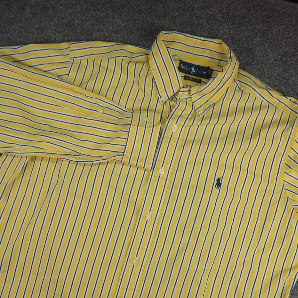 Ralph Lauren Shirt Men Large Classic Fit Yellow Striped Preppy Old Money Coastal